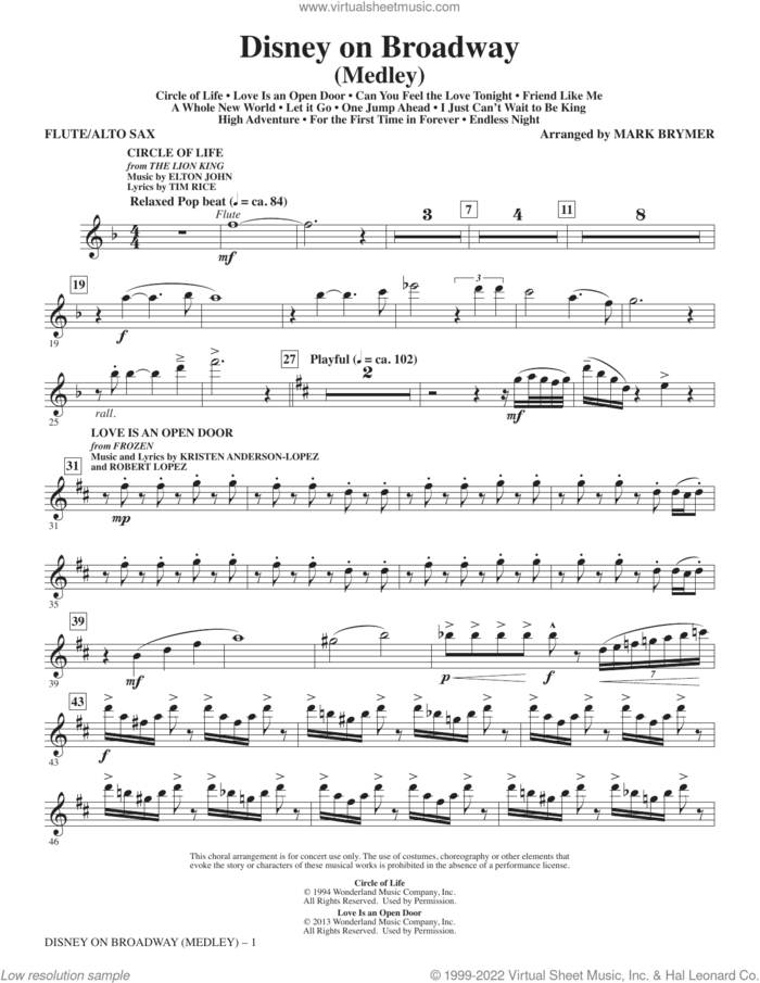 Disney On Broadway (Medley) (complete set of parts) sheet music for orchestra/band (Instrumental Accompaniment) by Mark Brymer, intermediate skill level