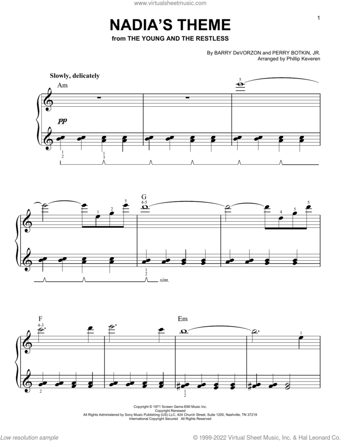 Nadia's Theme (arr. Phillip Keveren) sheet music for piano solo by Barry DeVorzon & Perry Botkin, Jr., Phillip Keveren, Barry DeVorzon and Perry Botkin, Jr., easy skill level