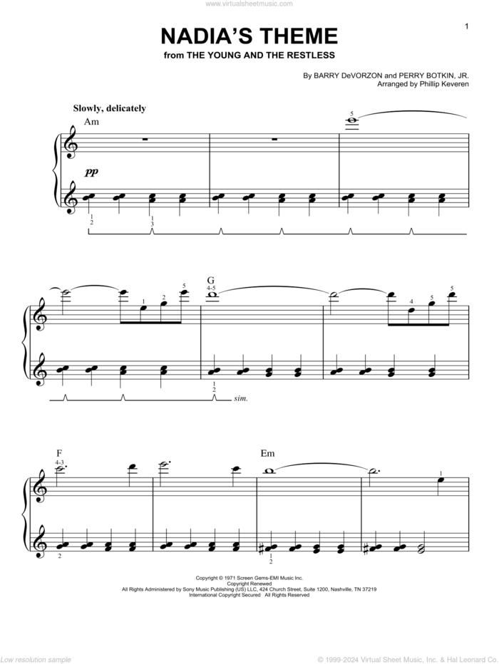 Nadia's Theme (arr. Phillip Keveren) sheet music for piano solo by Barry DeVorzon & Perry Botkin, Jr., Phillip Keveren, Barry DeVorzon and Perry Botkin, Jr., easy skill level