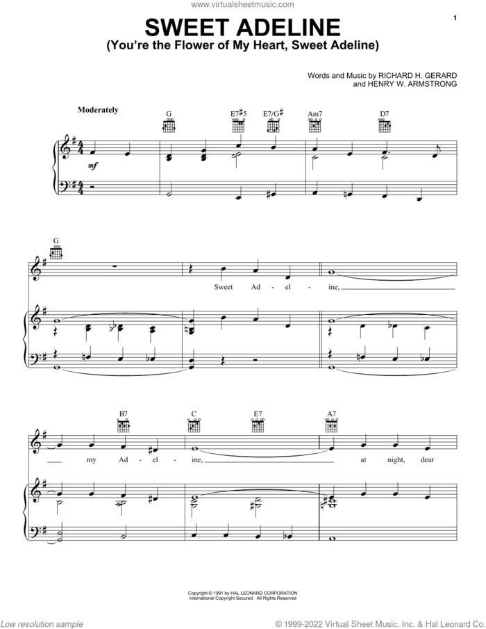 Sweet Adeline (You're The Flower Of My Heart, Sweet Adeline) sheet music for voice, piano or guitar by Richard H. Gerard and Henry W. Armstrong, Henry W. Armstrong and Richard H. Gerard, intermediate skill level