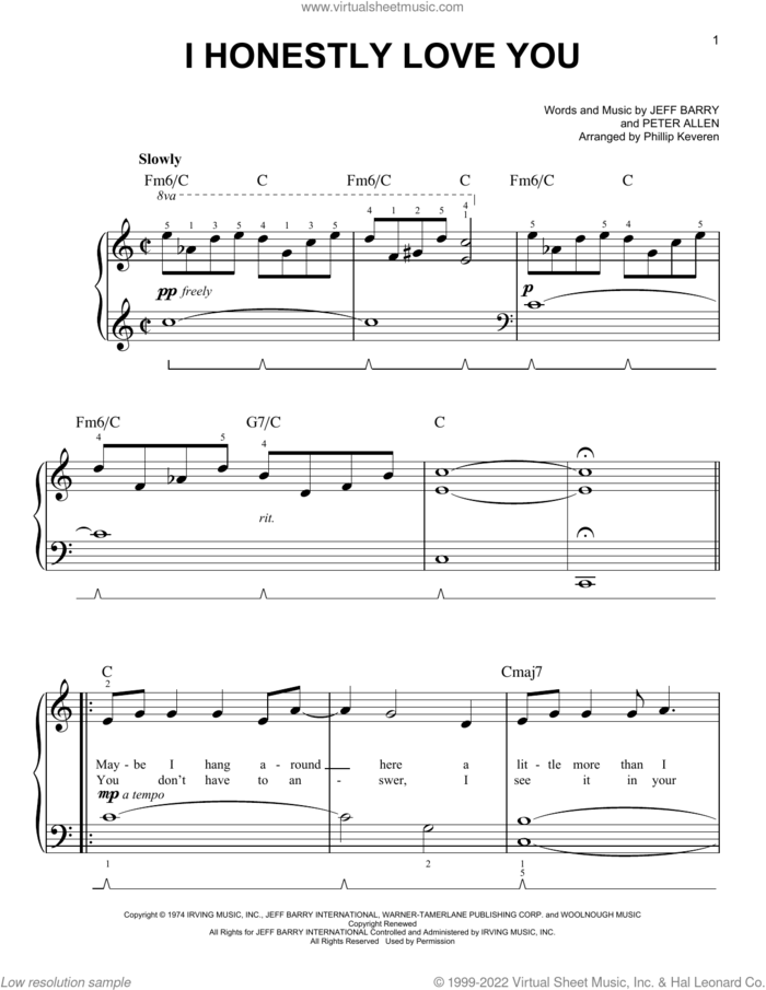 I Honestly Love You (arr. Phillip Keveren) sheet music for piano solo by Olivia Newton-John, Phillip Keveren, Jeff Barry and Peter Allen, easy skill level