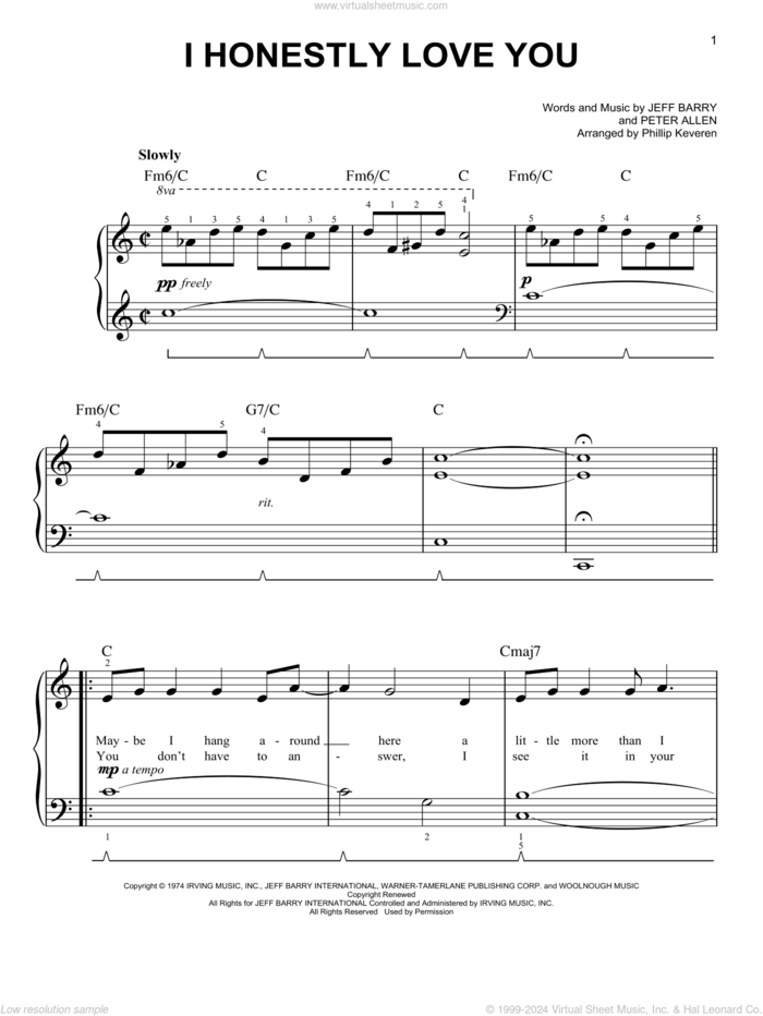 I Honestly Love You (arr. Phillip Keveren) sheet music for piano solo by Olivia Newton-John, Phillip Keveren, Jeff Barry and Peter Allen, easy skill level