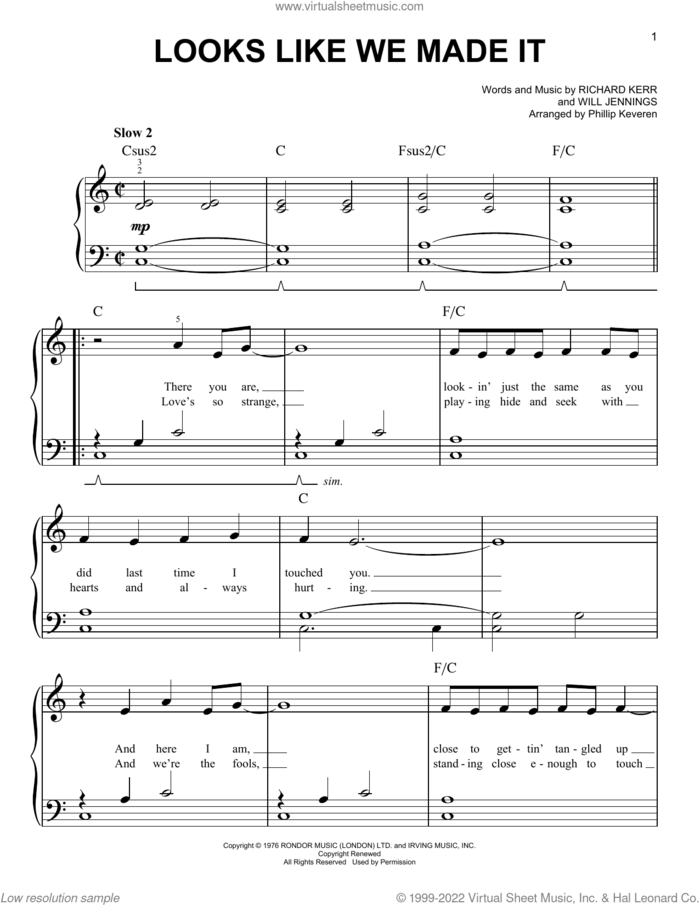 Looks Like We Made It (arr. Phillip Keveren) sheet music for piano solo by Barry Manilow, Phillip Keveren, Richard Kerr and Will Jennings, easy skill level