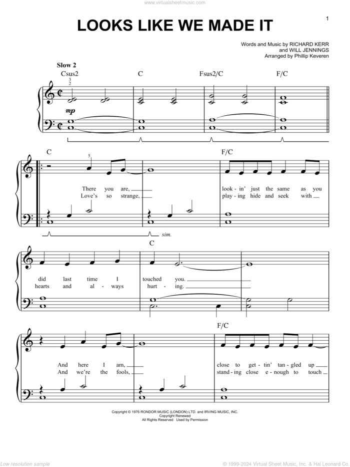 Looks Like We Made It (arr. Phillip Keveren) sheet music for piano solo by Barry Manilow, Phillip Keveren, Richard Kerr and Will Jennings, easy skill level