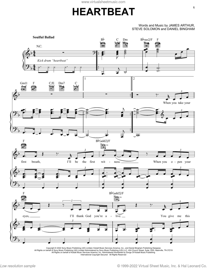 Heartbeat sheet music for voice, piano or guitar by James Arthur, Daniel Bingham and Steve Solomon, intermediate skill level