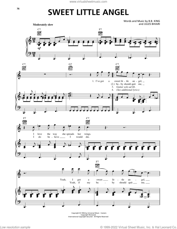 Sweet Little Angel sheet music for voice, piano or guitar by B.B. King and Jules Bihari, intermediate skill level