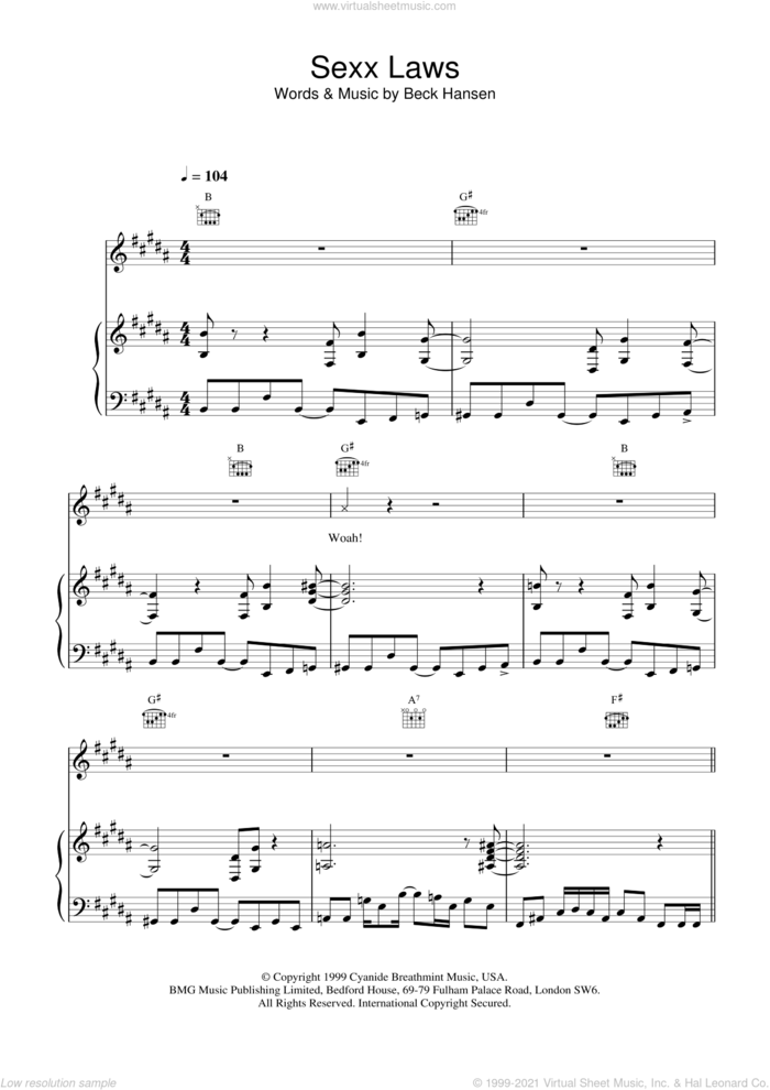 Sexx laws sheet music for voice, piano or guitar by Beck Hansen, intermediate skill level