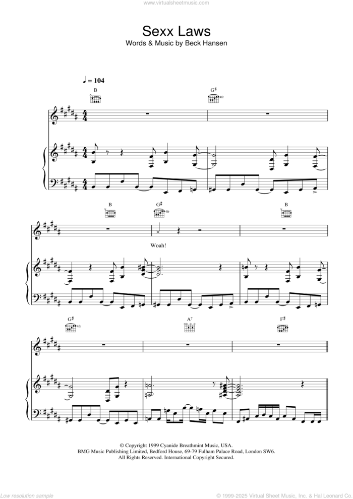 Sexx laws sheet music for voice, piano or guitar by Beck Hansen, intermediate skill level