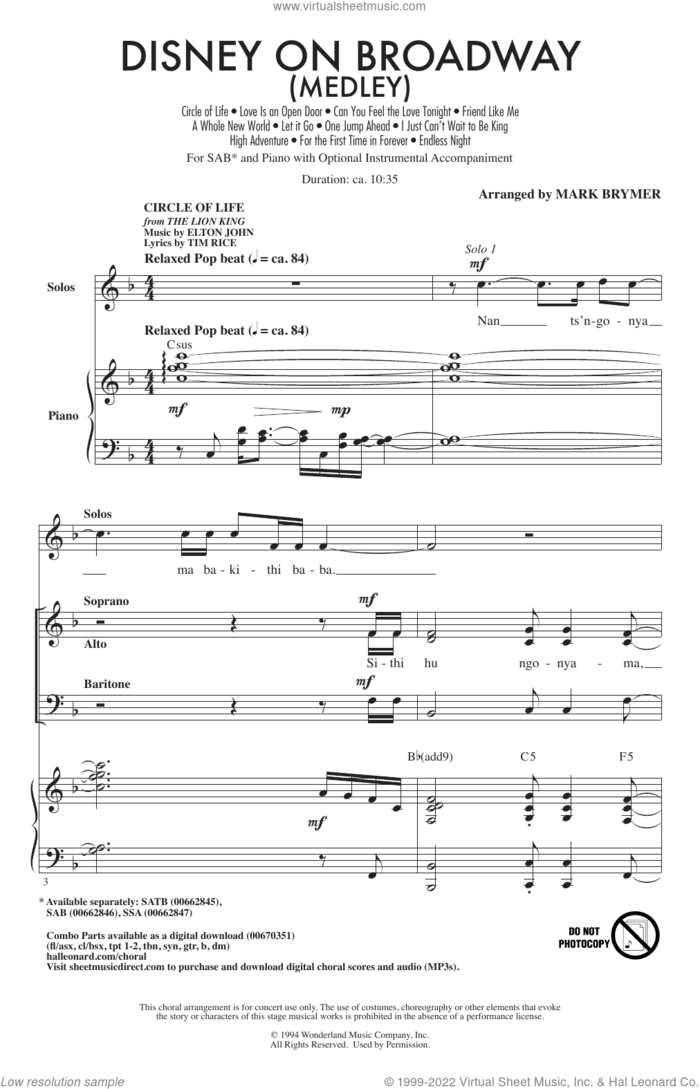 Disney On Broadway (Medley) sheet music for choir (SAB: soprano, alto, bass) by Mark Brymer, intermediate skill level
