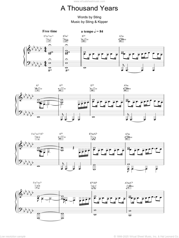 A Thousand Years sheet music for voice, piano or guitar by Sting, intermediate skill level