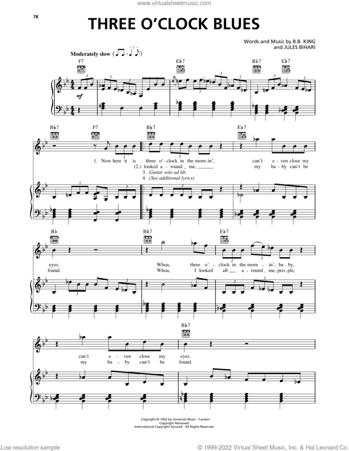 Three O'Clock Blues sheet music for voice, piano or guitar by B.B. King and Jules Bihari, intermediate skill level