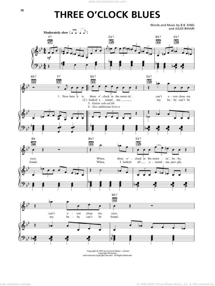 Three O'Clock Blues sheet music for voice, piano or guitar by B.B. King and Jules Bihari, intermediate skill level