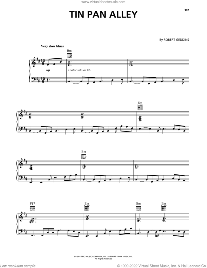Tin Pan Alley sheet music for voice, piano or guitar by Stevie Ray Vaughan and Robert Geddins, intermediate skill level