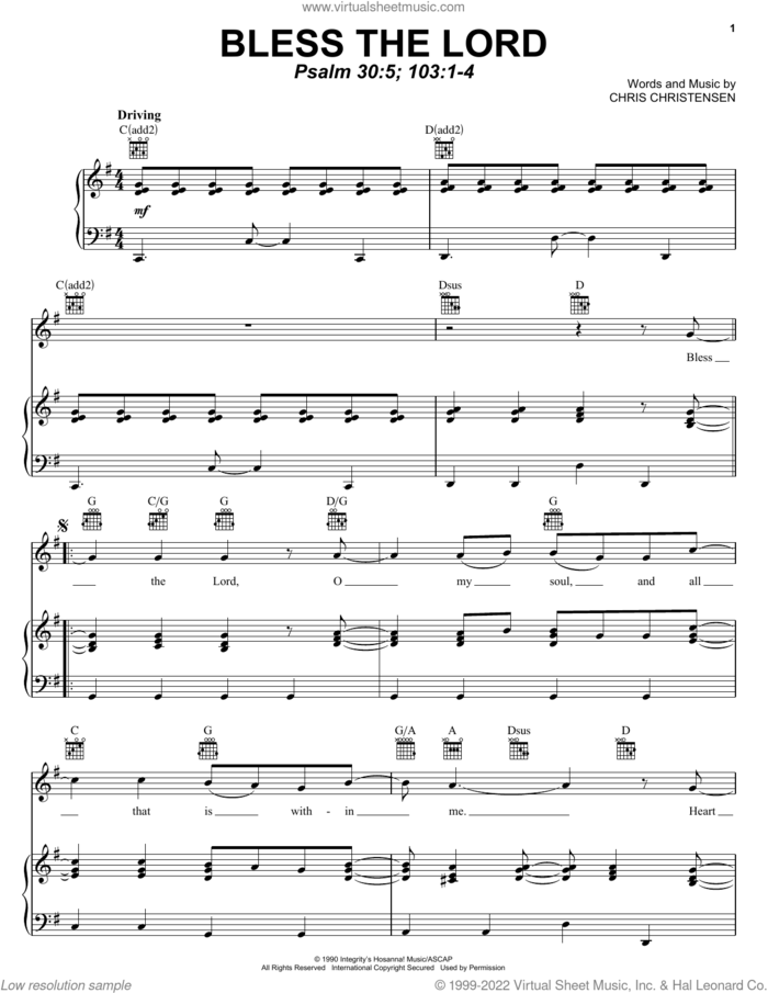 Bless The Lord sheet music for voice, piano or guitar by Chris Christensen, intermediate skill level