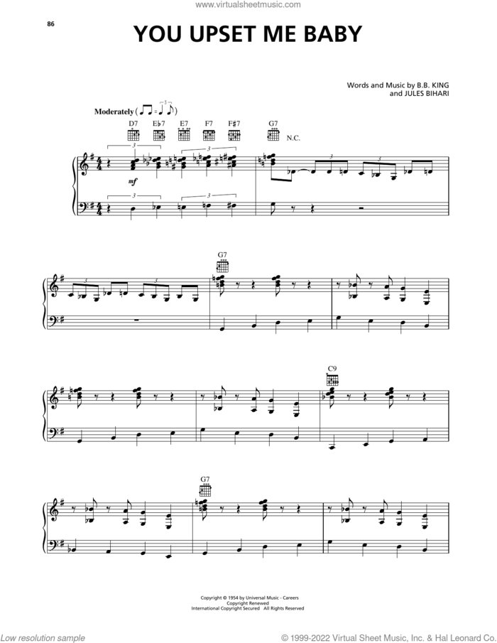 You Upset Me Baby sheet music for voice, piano or guitar by B.B. King and Jules Bihari, intermediate skill level