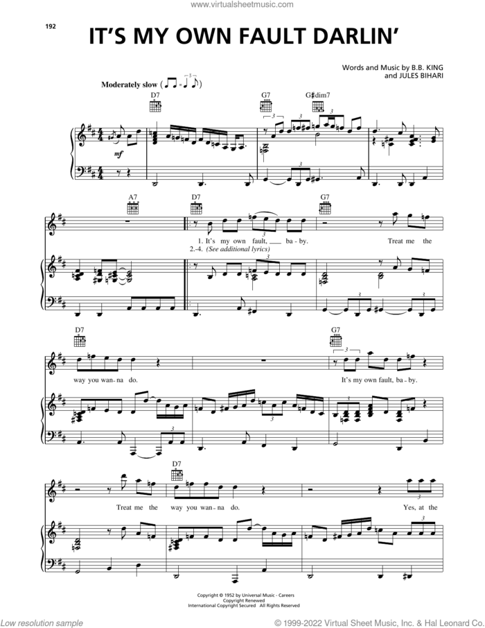 It's My Own Fault Darlin' sheet music for voice, piano or guitar by B.B. King and Jules Bihari, intermediate skill level