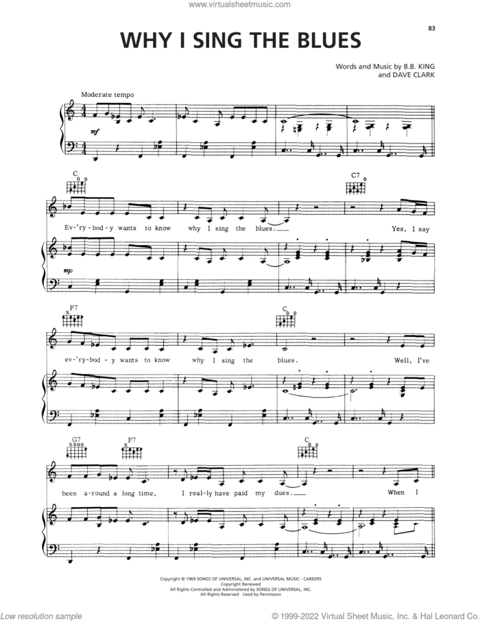 Why I Sing The Blues sheet music for voice, piano or guitar by B.B. King and Dave Clark, intermediate skill level