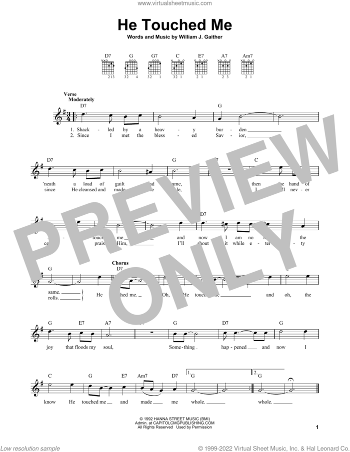 He Touched Me sheet music for guitar solo (chords) by Gaither Vocal Band and William J. Gaither, easy guitar (chords)