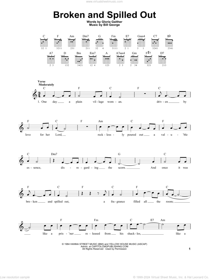 Broken And Spilled Out sheet music for guitar solo (chords) by Steve Green, Bill George and Gloria Gaither, easy guitar (chords)