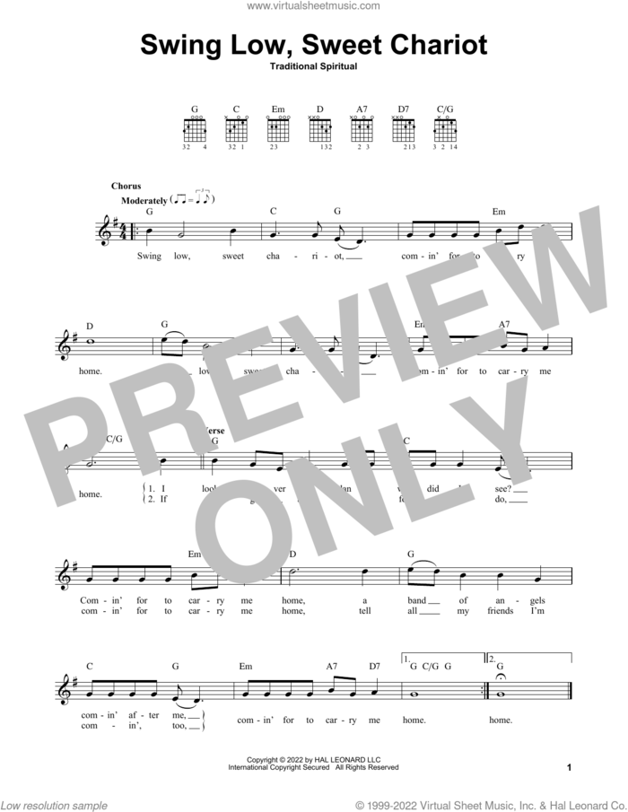 Swing Low, Sweet Chariot sheet music for guitar solo (chords), easy guitar (chords)