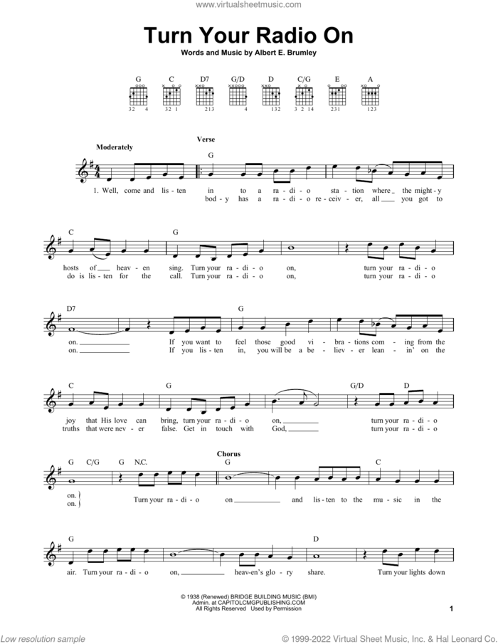 Turn Your Radio On sheet music for guitar solo (chords) by Albert E. Brumley, easy guitar (chords)