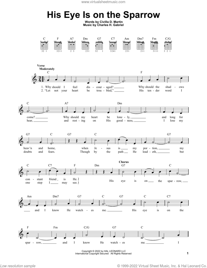 His Eye Is On The Sparrow sheet music for guitar solo (chords) by Charles H. Gabriel and Civilla D. Martin, easy guitar (chords)