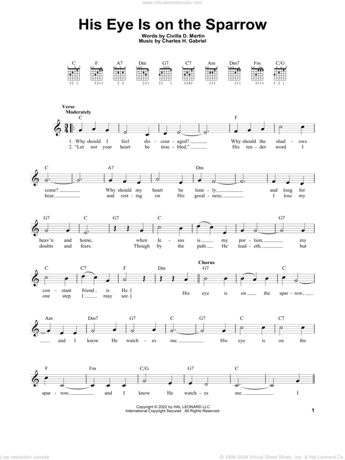 His Eye Is On The Sparrow sheet music for guitar solo (chords) by Charles H. Gabriel and Civilla D. Martin, easy guitar (chords)