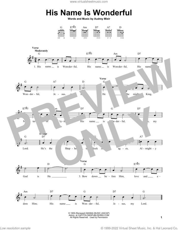 His Name Is Wonderful sheet music for guitar solo (chords) by Audrey Mieir, easy guitar (chords)