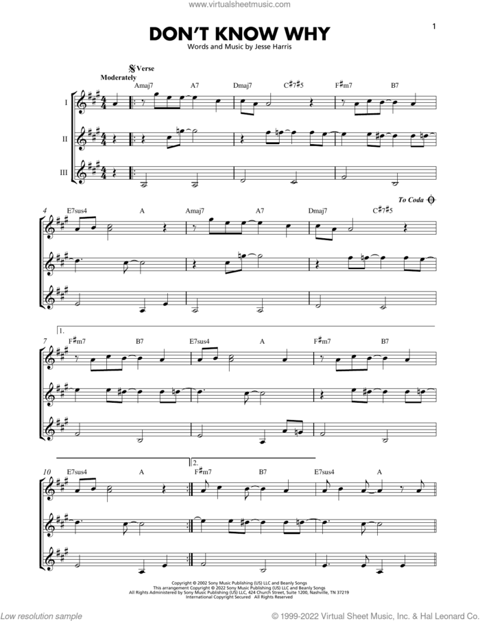 Don't Know Why sheet music for guitar ensemble by Norah Jones and Jesse Harris, intermediate skill level