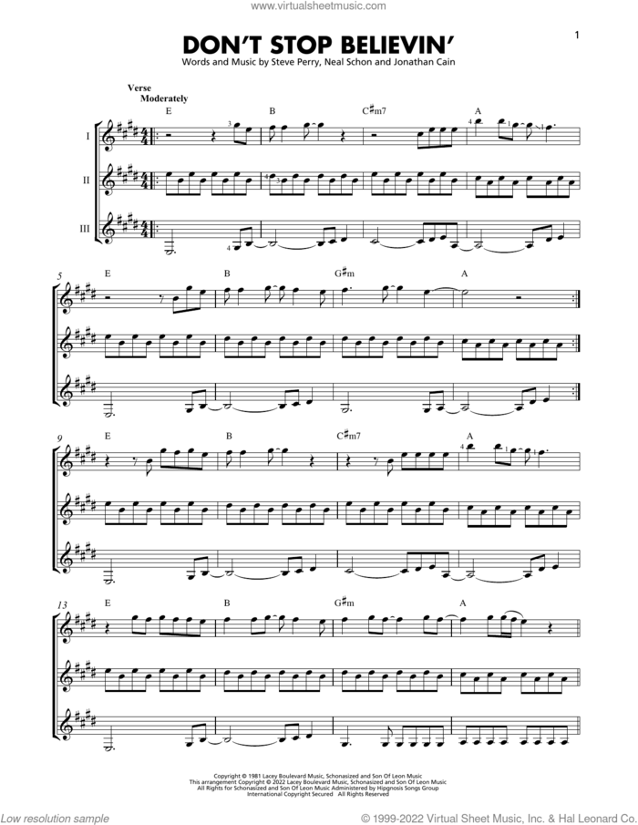 Don't Stop Believin' sheet music for guitar ensemble by Journey, Jonathan Cain, Neal Schon and Steve Perry, intermediate skill level