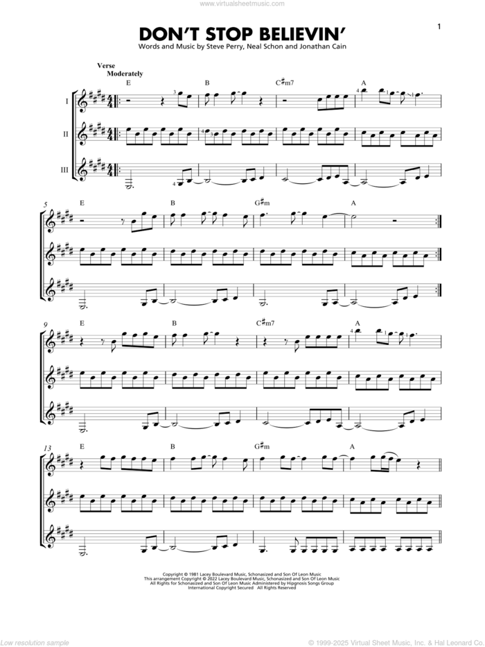 Don't Stop Believin' sheet music for guitar ensemble by Journey, Jonathan Cain, Neal Schon and Steve Perry, intermediate skill level
