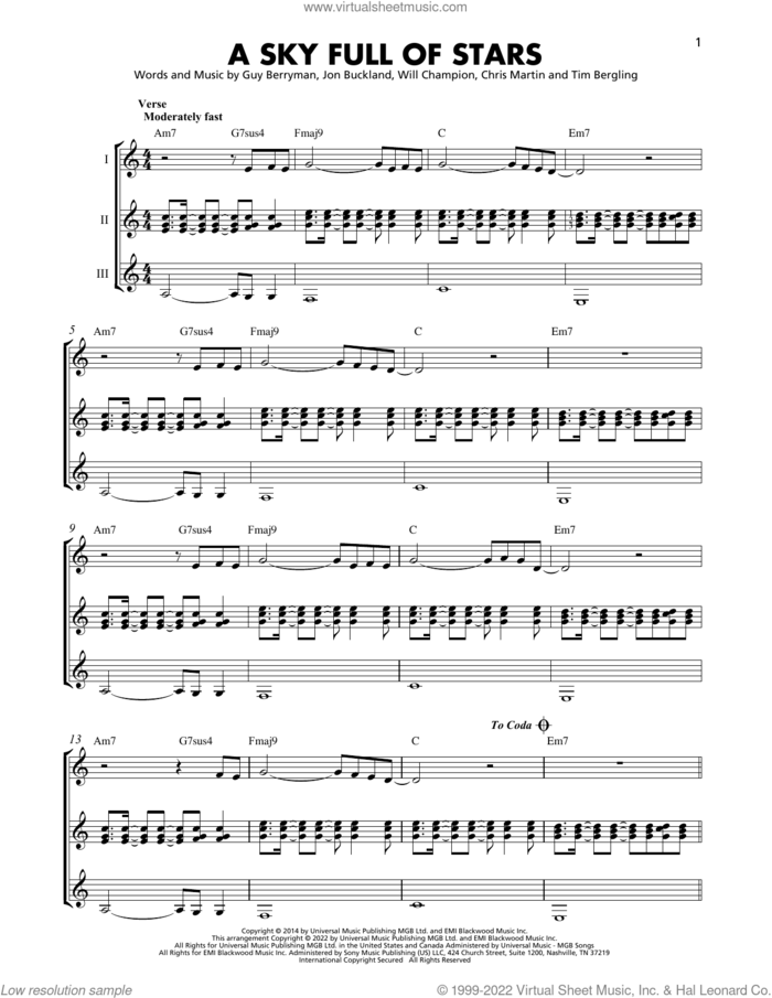 A Sky Full Of Stars sheet music for guitar ensemble by Coldplay, Chris Martin, Guy Berryman, Jon Buckland, Tim Bergling and Will Champion, intermediate skill level