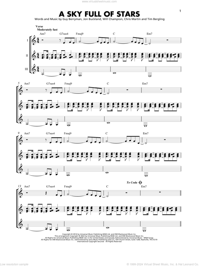 A Sky Full Of Stars sheet music for guitar ensemble by Coldplay, Chris Martin, Guy Berryman, Jon Buckland, Tim Bergling and Will Champion, intermediate skill level