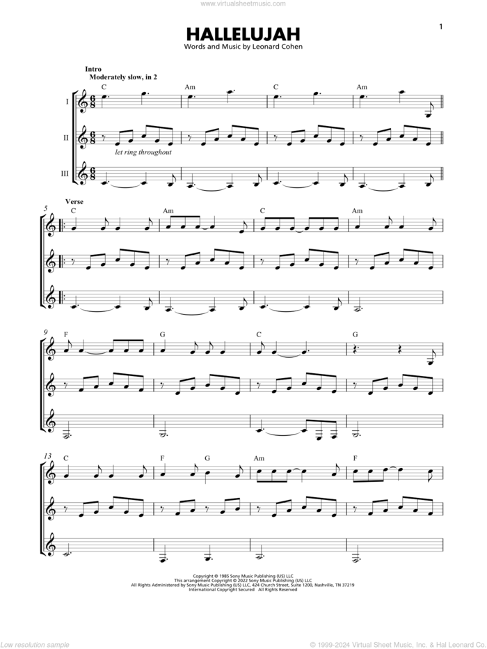 Hallelujah sheet music for guitar ensemble by Leonard Cohen, intermediate skill level