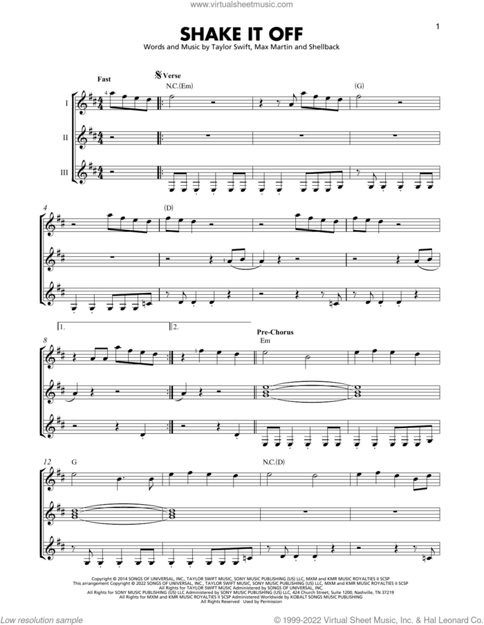 Shake It Off sheet music for guitar ensemble by Taylor Swift, Johan Schuster, Max Martin and Shellback, intermediate skill level