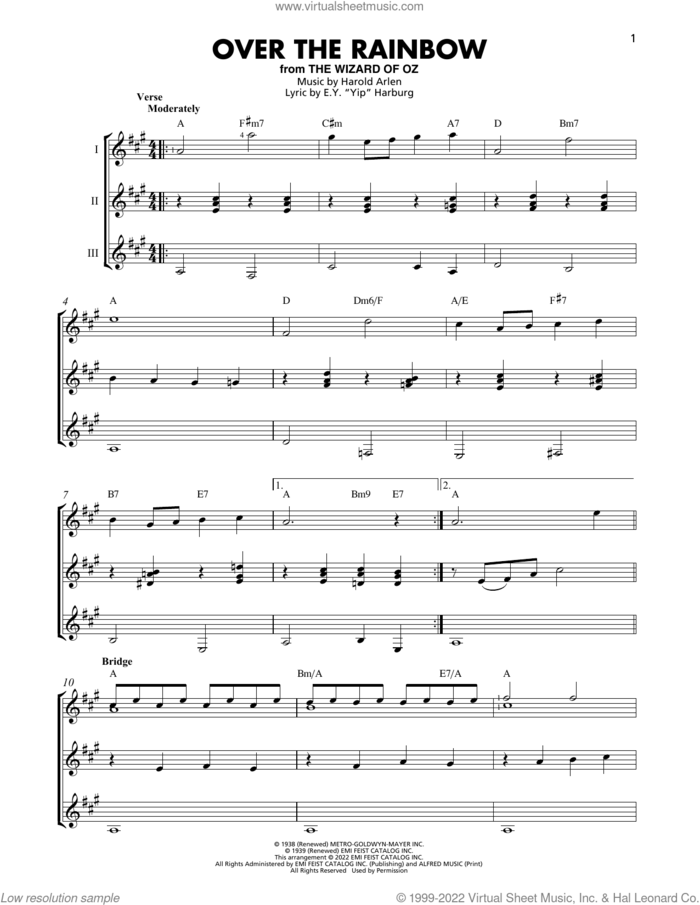 Over The Rainbow sheet music for guitar ensemble by Judy Garland, E.Y. Harburg and Harold Arlen, intermediate skill level