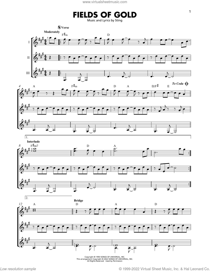 Fields Of Gold sheet music for guitar ensemble by Sting, intermediate skill level