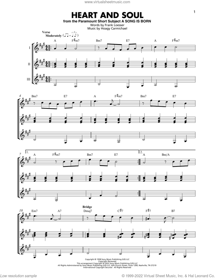 Heart And Soul sheet music for guitar ensemble by Frank Loesser and Hoagy Carmichael, intermediate skill level