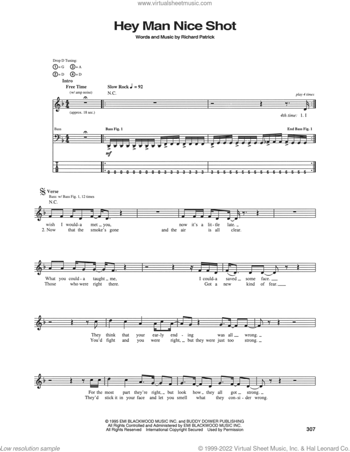 Hey Man Nice Shot sheet music for bass (tablature) (bass guitar) by Filter and Richard Patrick, intermediate skill level