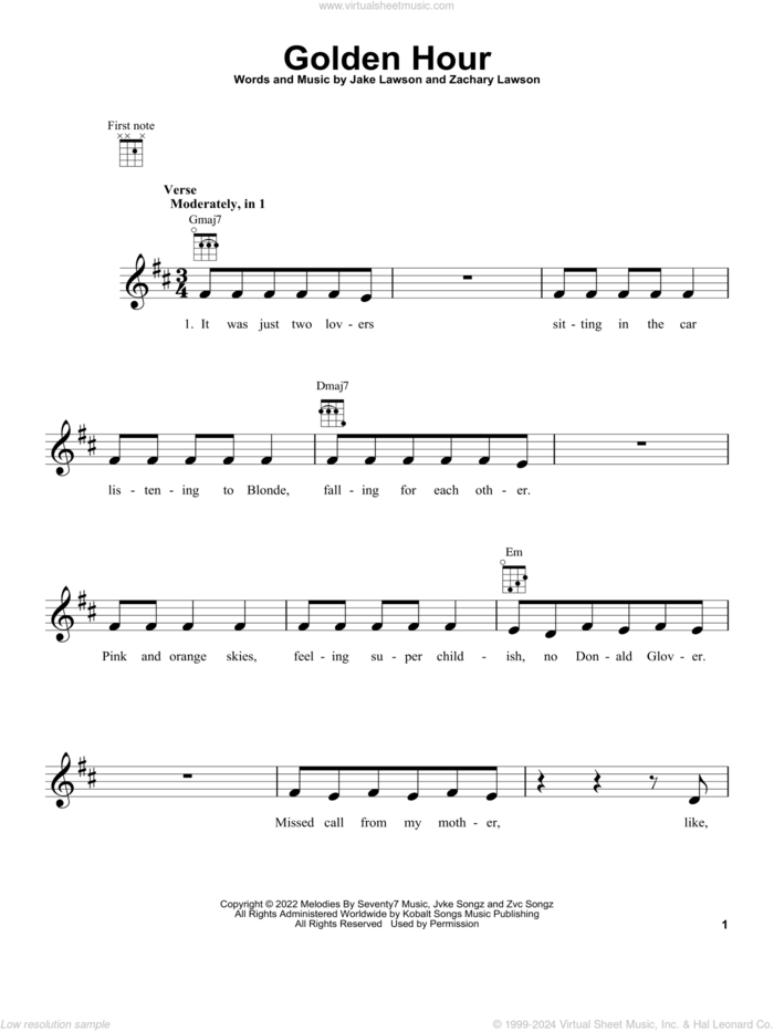 Golden Hour sheet music for ukulele by Jvke, Jake Lawson and Zachary Lawson, intermediate skill level