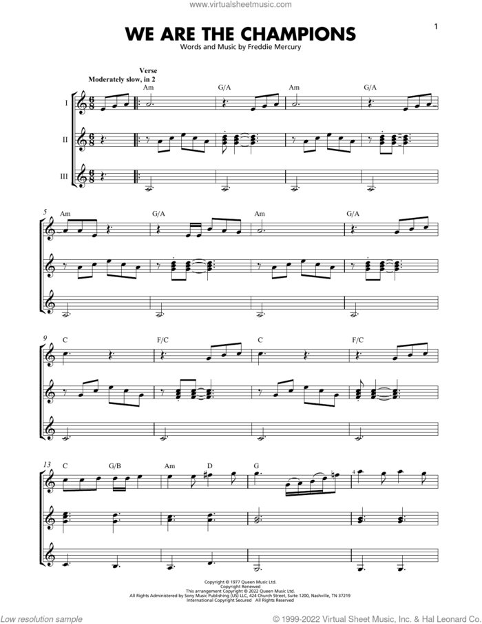 We Are The Champions sheet music for guitar ensemble by Queen and Freddie Mercury, intermediate skill level