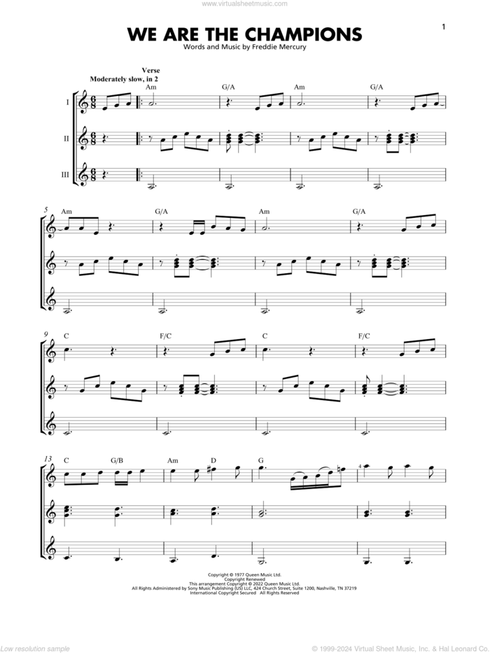 We Are The Champions sheet music for guitar ensemble by Queen and Freddie Mercury, intermediate skill level