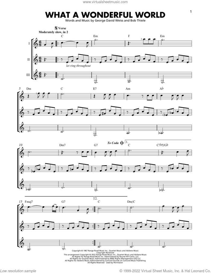 What A Wonderful World sheet music for guitar ensemble by Louis Armstrong, Bob Thiele and George David Weiss, intermediate skill level
