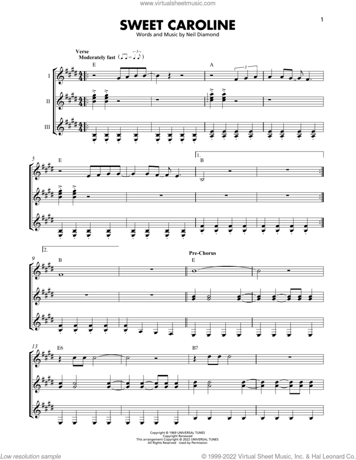 Sweet Caroline sheet music for guitar ensemble by Neil Diamond, intermediate skill level