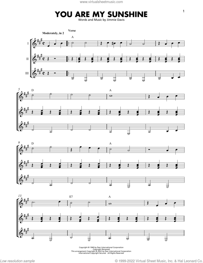 You Are My Sunshine sheet music for guitar ensemble by Jimmie Davis, Duane Eddy and Ray Charles, intermediate skill level
