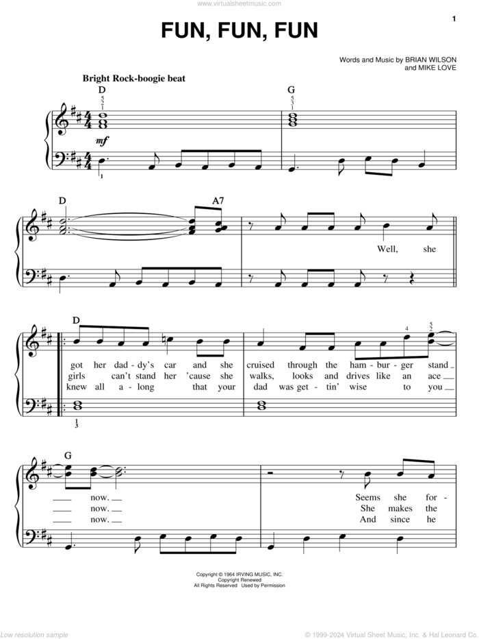 Fun, Fun, Fun sheet music for piano solo by The Beach Boys, Brian Wilson and Mike Love, easy skill level