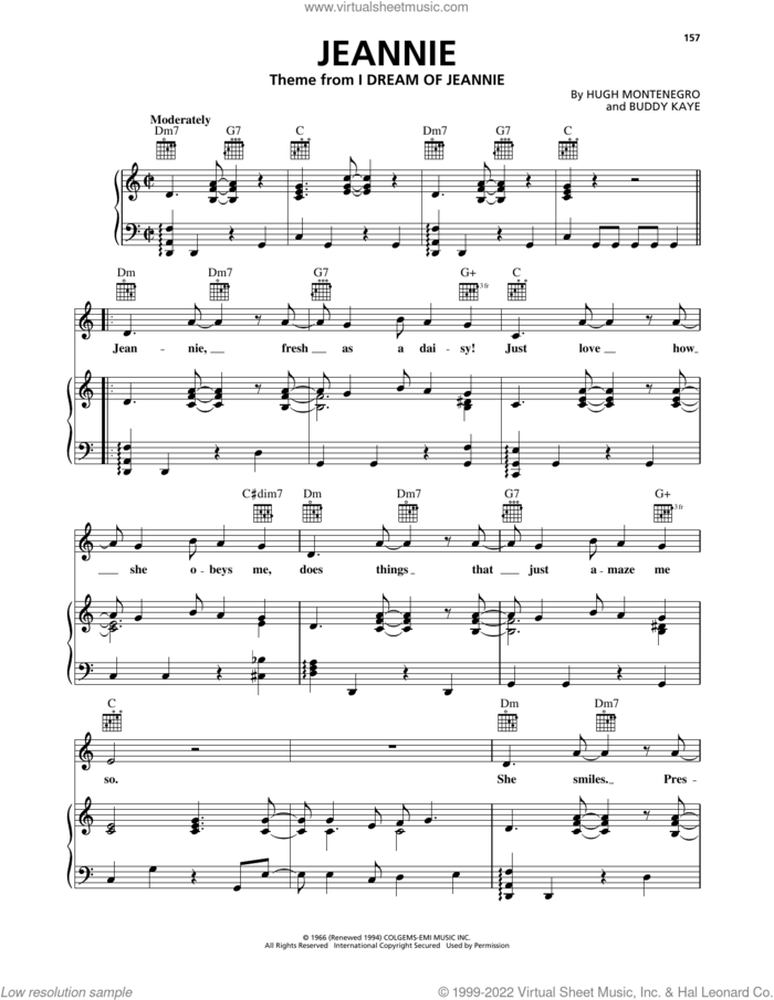 Jeannie sheet music for voice, piano or guitar by Buddy Kaye and Hugh Montenegro, intermediate skill level