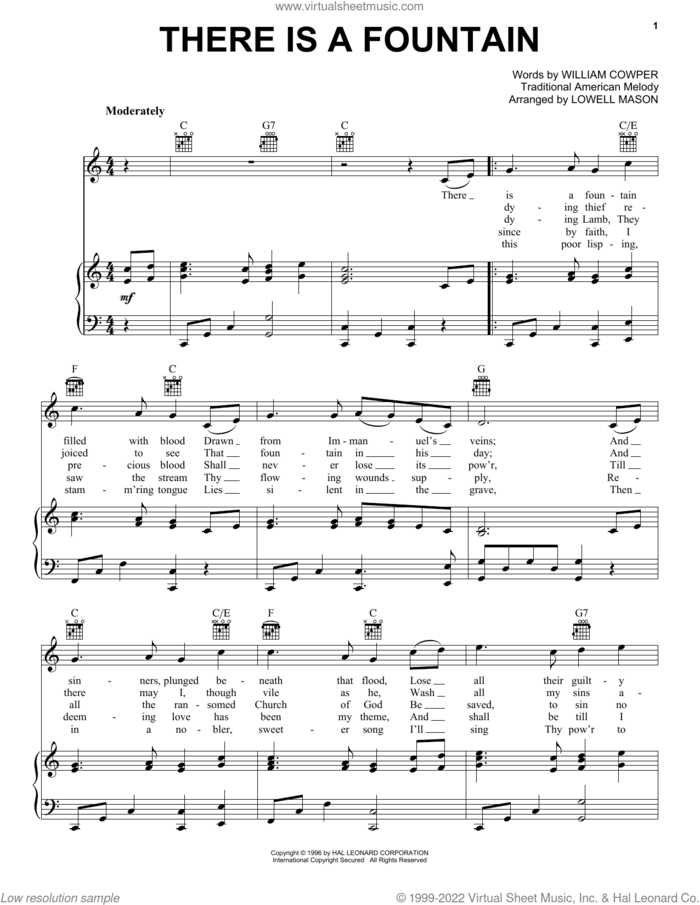 There Is A Fountain sheet music for voice, piano or guitar by Lowell Mason, Miscellaneous and William Cowper, intermediate skill level