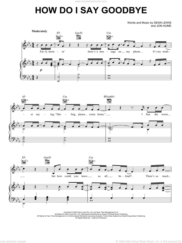 How Do I Say Goodbye sheet music for voice, piano or guitar by Dean Lewis and Jon Hume, intermediate skill level