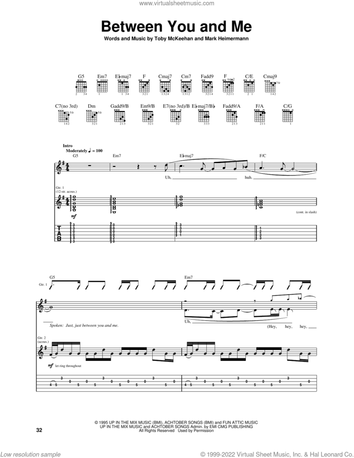 Between You And Me sheet music for guitar (tablature) by dc Talk, Mark Heimermann and Toby McKeehan, intermediate skill level